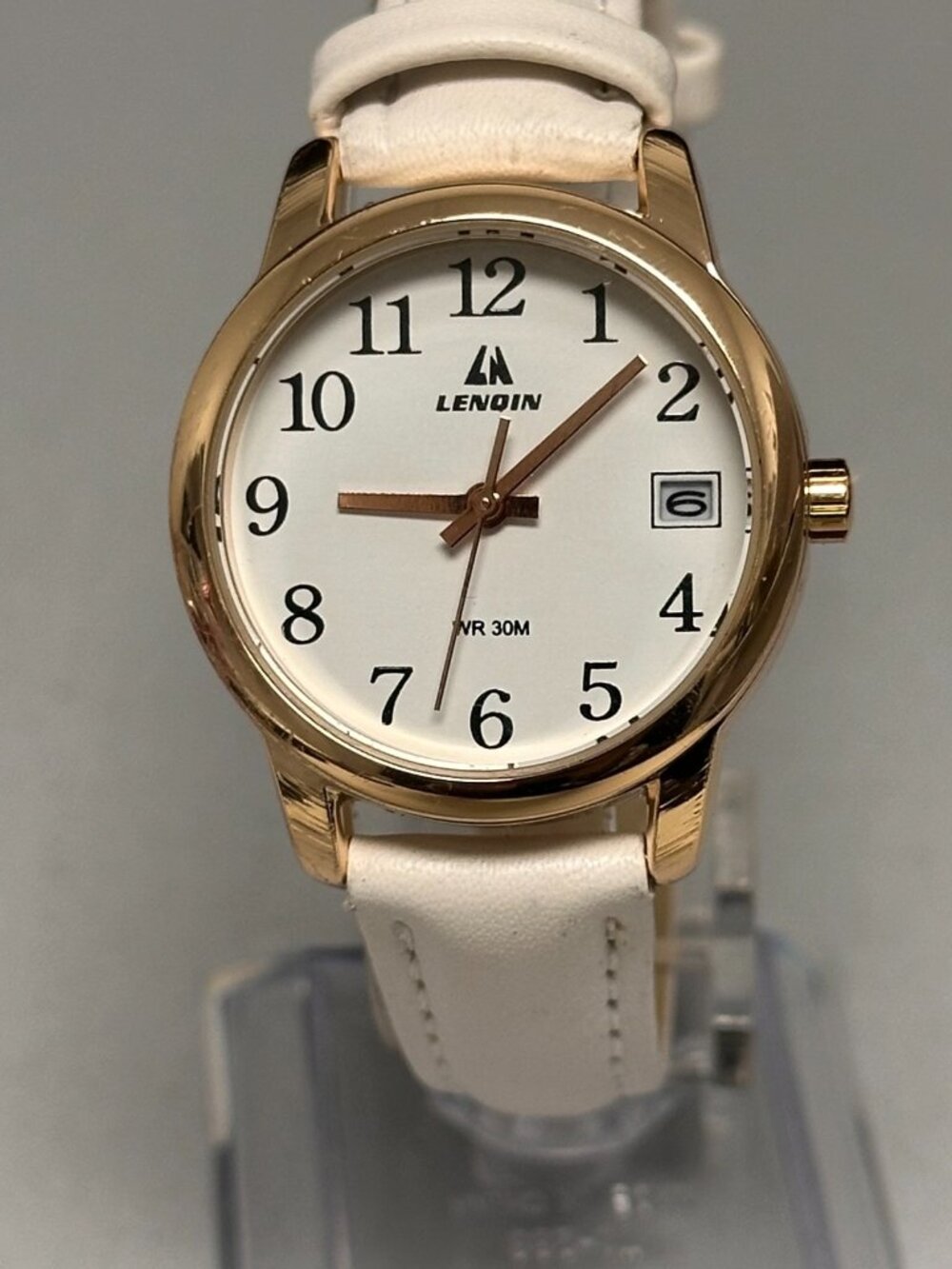 Lenqin Watch Women Gold Tone Date Window White Leather Band New Battery 9"